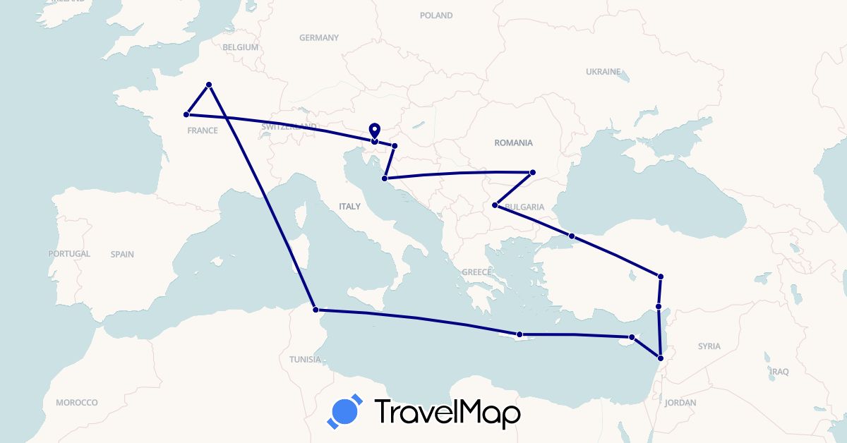 TravelMap itinerary: driving in Bulgaria, Cyprus, France, Greece, Croatia, Lebanon, Romania, Slovenia, Tunisia, Turkey (Africa, Asia, Europe)